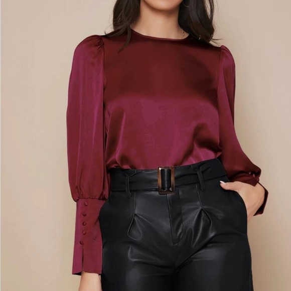 Luxe button cuff lantern sleeve satin blouse - Picture 9 of 13